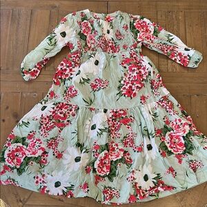 Melange girl green smocked floral print dress 12 years modest spring Easter